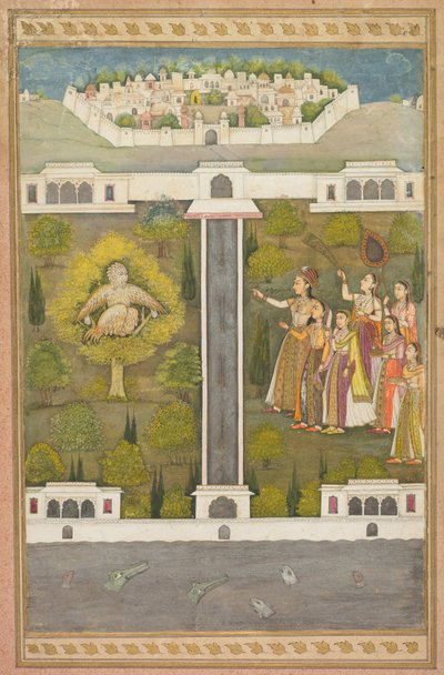 Mahliqa, filha do imperador da China, apontando para o homem pássaro Khwaja Mubarak ... verso, c. 171 de Unbekannt