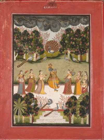 Malar Ragini: Krishna tocando flauta para sete gopis segurando instrumentos musicais ..., c. 1760 de Unbekannt