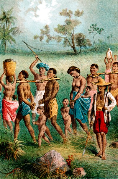 Cativos masculinos, femininos e infantis levados à escravidão por comerciantes de escravos árabes, c1875 de Unbekannt