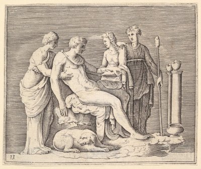 Homem frequentado por três mulheres, publicado ca. 1599-1622. de Unbekannt