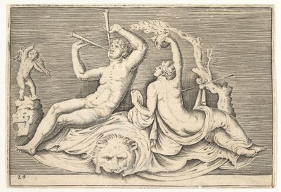 Homem tocando duas flautas e mulher em Lionskin, publicado ca. 1599-1622. de Unbekannt