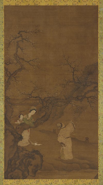 Homem e mulher apreciando flores de ameixeira, dinastia Ming ou Qing, séculos XV-XVIII. de Unbekannt