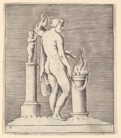 Homem com tocha entre Altar flamejante e estatueta, publicado ca. 1599-1622. de Unbekannt