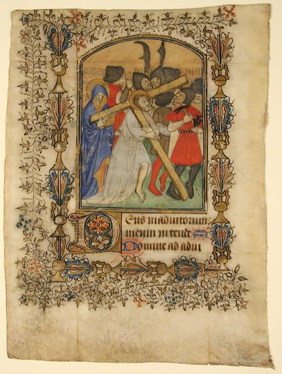Folha do manuscrito de um livro de horas ... Iluminada inicial D e Cristo carregando a cruz, 1390-140 de Unbekannt