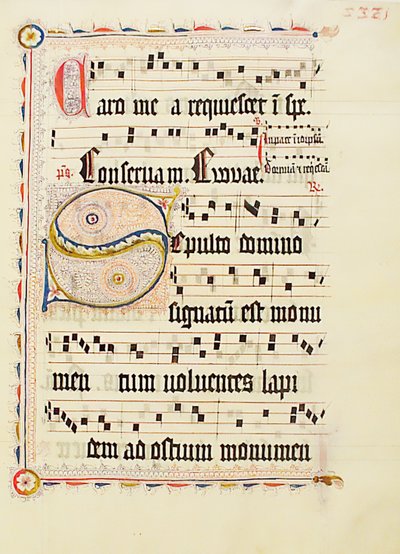 Folha manuscrita com inicial S, de um antifonário, alemão, segundo quartel do século XV. de Unbekannt