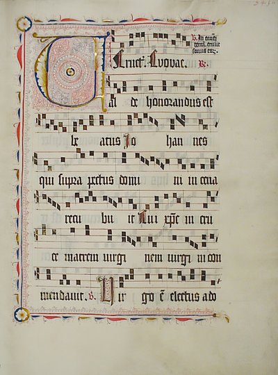 Folha manuscrita com inicial V, de um antifonário, alemão, segundo quartel do século XV. de Unbekannt