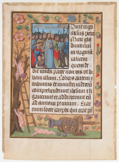 Folha do manuscrito com a traição, de um livro de horas, ca. 1500. de Unbekannt