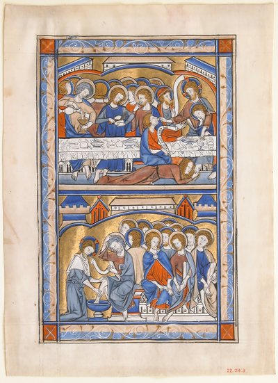 Folha do manuscrito com a última ceia e a lavagem dos pés dos apóstolos Folha ..., ca. 1250-70. de Unbekannt