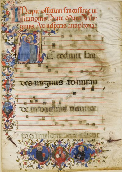 Folha de Manuscrito com a Visitação em um A inicial e o Cardeal Adam Easton..., ca. 1400. de Unbekannt