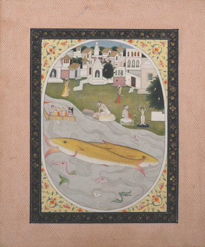 Pintura do manuscrito com a cena tântrica hindu que descreve dois peixes, 1800-1820. de Unbekannt