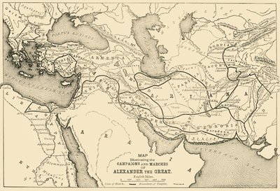Mapa ilustrativo das campanhas e marchas de Alexandre, o Grande, 1890. de Unbekannt