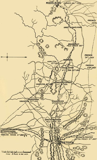 Mapa que ilustra o movimento para o leste de Eerstefabrieken para Middelburg, 1901. de Unbekannt