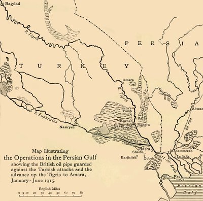 Mapa que ilustra as operações no Golfo Pérsico, Primeira Guerra Mundial, 1915, c1920. de Unbekannt