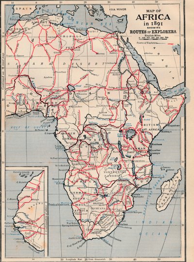 Mapa da África em 1891 mostrando rotas de exploradores de Unbekannt