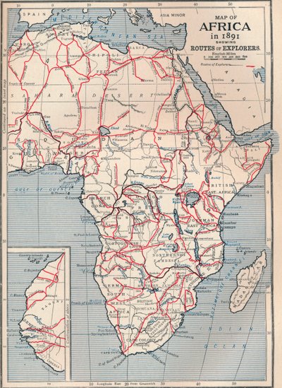 Mapa da África em 1891, mostrando rotas de exploradores, 1906 de Unbekannt