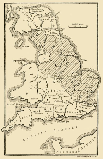 Mapa da Inglaterra, mostrando reinos anglo-saxões e distritos dinamarqueses, século c9th, 189 de Unbekannt
