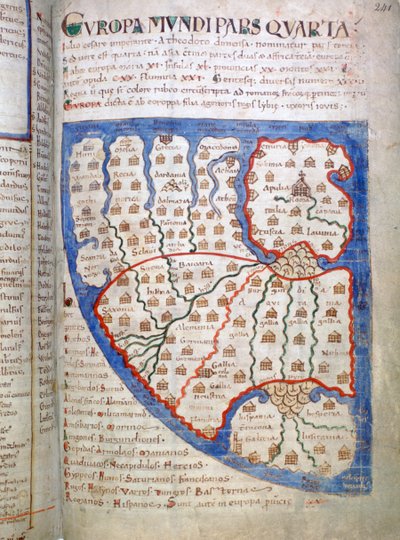 Mapa da Europa, uma página de Liber Floridus, século XII de Unbekannt