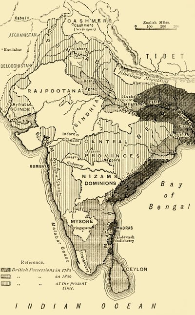 Mapa da Índia, mostrando as possessões britânicas em 1780,1800 e no presente momento, 1890. de Unbekannt