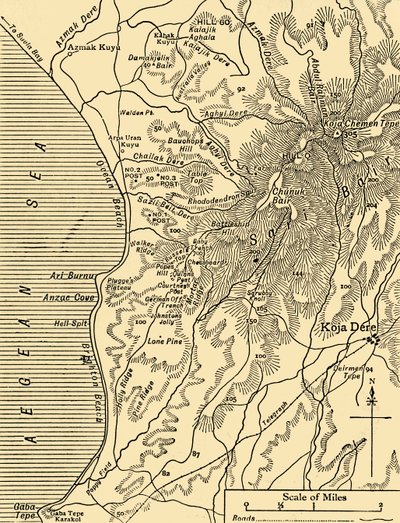 Mapa de Sari Bair, península de Gallipoli, Primeira Guerra Mundial, 1915, c1920. de Unbekannt
