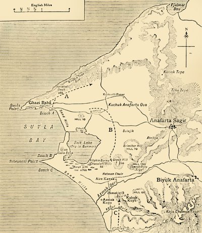 Mapa da Baía de Suvla, Península Gallipoli, Primeira Guerra Mundial, 1915, c1920. de Unbekannt