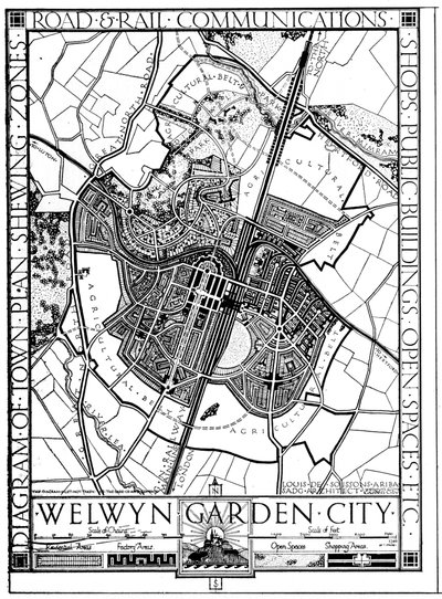 Mapa da cidade de Welwyn Garden, Hertfordshire, Inglaterra, 1926 de Unbekannt
