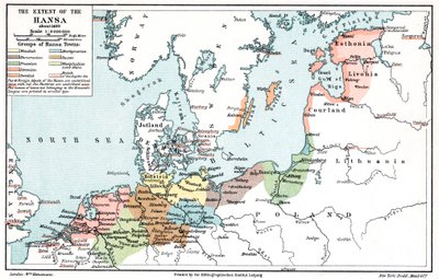 Mapa da extensão da Liga Hanseática em cerca de 1400 de Unbekannt