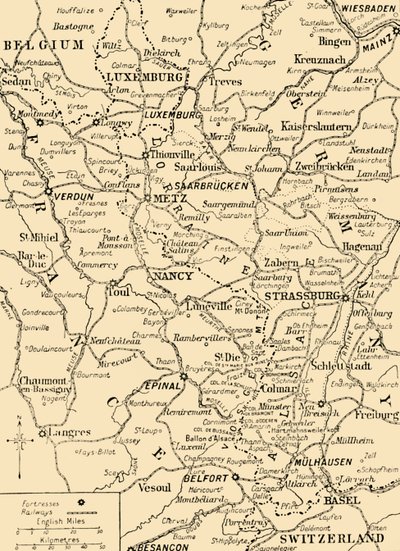 Mapa mostrando a fronteira entre França e Alemanha, Primeira Guerra Mundial, c1915, c1920. de Unbekannt