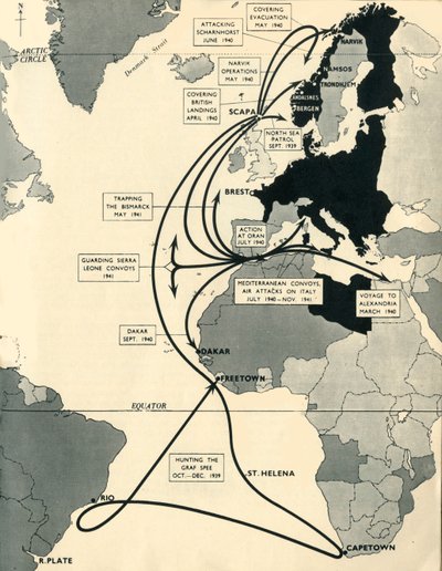 Mapa mostrando os movimentos do HMS Ark Royal, 1939-1941, 1942. de Unbekannt