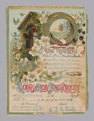 Certidão de casamento de Luther Miller Pulce e Irene Jenkins, 30 de outubro de 1902. de Unbekannt