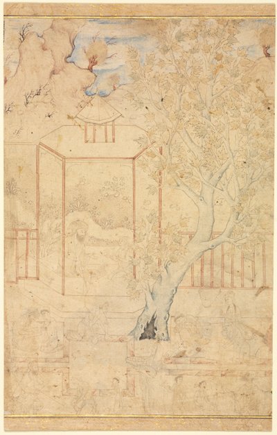 Mestre e discípulo em um pavilhão de jardim, ilustração de página única, c. 1570-1590s. de Unbekannt