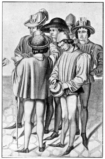 Homens vestindo favores em seus chapéus, século 15, 1910 de Unbekannt