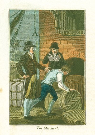 Comerciante e seu funcionário no cais verificando mercadorias em um armazém, 1823 de Unbekannt