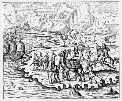 Comerciantes transportando mercadorias para a costa e um navio à espera de camelo, 1575 de Unbekannt