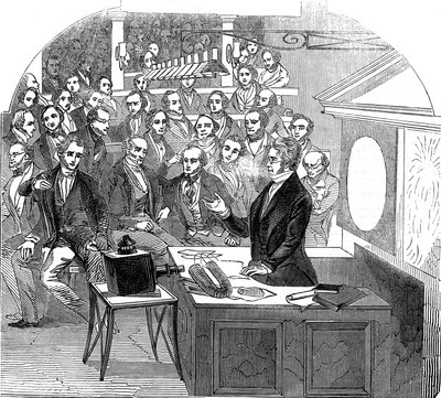 Michael Faraday palestrando sobre eletricidade e magnetismo, Royal Institution, Londres, 1846 de Unbekannt