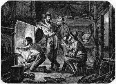Mineiros nos campos de ouro da Califórnia relaxando em sua cabana de madeira à noite, 1853 de Unbekannt