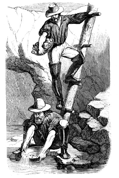 Mineiros garimpando ouro durante a Corrida do Ouro na Califórnia, 1849 de Unbekannt