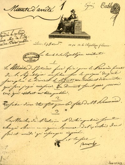 Ordem ministerial referente a ... um ... sabre para o Primeiro Cônsul, 10 de outubro de 1801, 1921. de Unbekannt