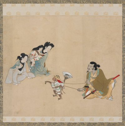 Macaco treinador e macaco realizando uma dança, período Edo, final do século XVII. de Unbekannt