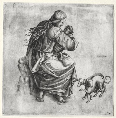 Mãe e filho com dois cães, final dos anos 1400. de Unbekannt