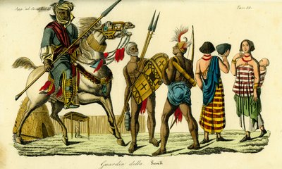 Guarda-costas montado para o Xeque de Bornu junto com o lancer Kanembu e o arqueiro Munga, Império Kanem-Bornu de Unbekannt