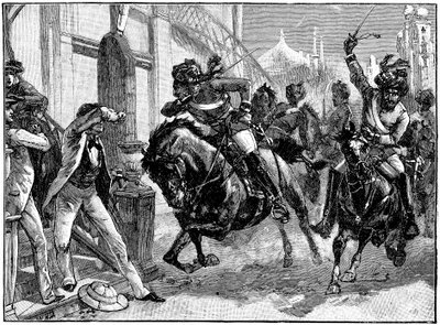 Sepoys rebeldes montados que carregam através das ruas de Deli, motim indiano, maio de 1857 c1895 de Unbekannt