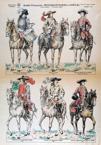 Mousquetaires um século XVII de Cheval. Uniformes do exército francês. Litografia em cores. Coleção privada de Unbekannt