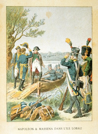 Napoleão e Massena na ilha de Lobau, maio de 1809, século XIX de Unbekannt