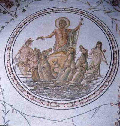 Netuno na sua carruagem, com Hippocampi e Tritões (mosaico) de Unbekannt