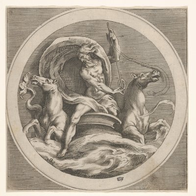 Netuno subindo do mar e carregando um cajado, acompanhado por duas cabeças de cavalo ..., ca. 1550-1600. de Unbekannt
