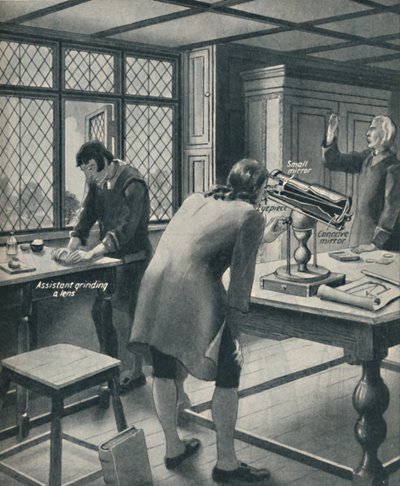 Newton inventa um novo telescópio, c1934 de Unbekannt