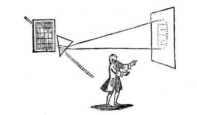 Experiência de Newton dividindo a luz branca nas cores do espectro por um prisma, 1757 de Unbekannt