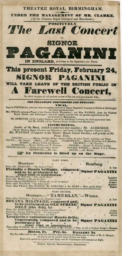 Niccolo Paganini - playbill de Unbekannt