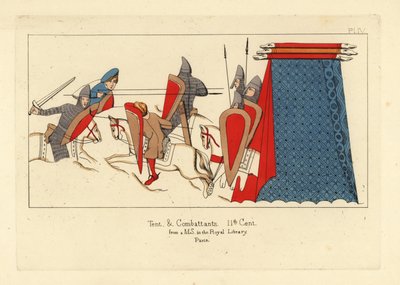 Cavalaria normanda em armadura de correio em cadeia com espadas, escudos e lanças em combate, com uma tenda militar à direita de Unbekannt