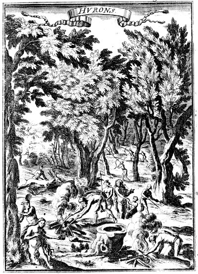 Índios norte-americanos Huron caçando e preparando comida na floresta, 1686 de Unbekannt